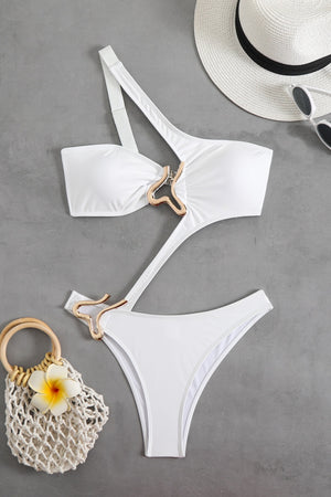 Solid Color Cutout Asymmetric One Piece Bikini Set