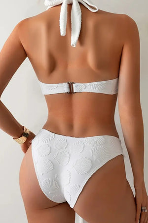 Tie Neck Metal Buckle Backless Three Piece Bikini Set