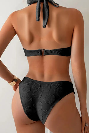 Tie Neck Metal Buckle Backless Three Piece Bikini Set